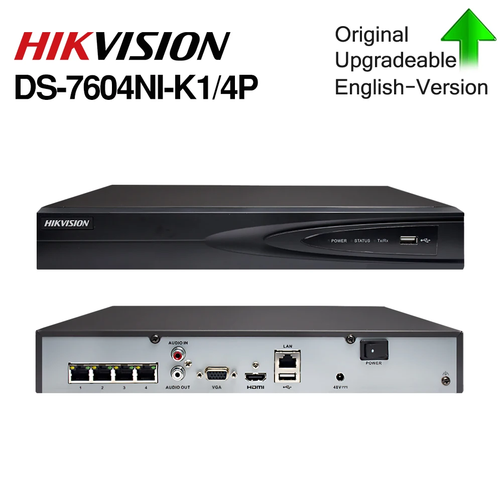 Hikvision Pôvodná DS-7604NI-K1/4P 4CH POE Vložené Plug Play 4K PoE NVR pre IP Kamery CCTV Systém Aktualizovateľné HDD Vyberateľné.