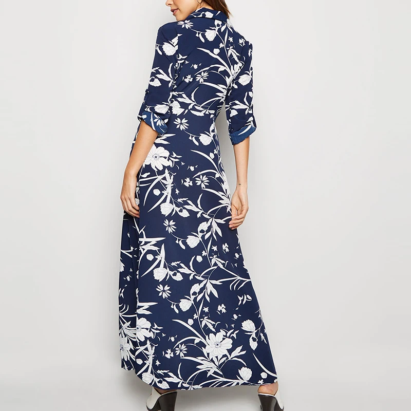 HiloRill 2020 Kvetinový Tlač Dlhé Ženy Šaty Vintage Tlačidlá Tričko Šaty Elegantné Zase Dole Golier Dámy Office Split Šaty