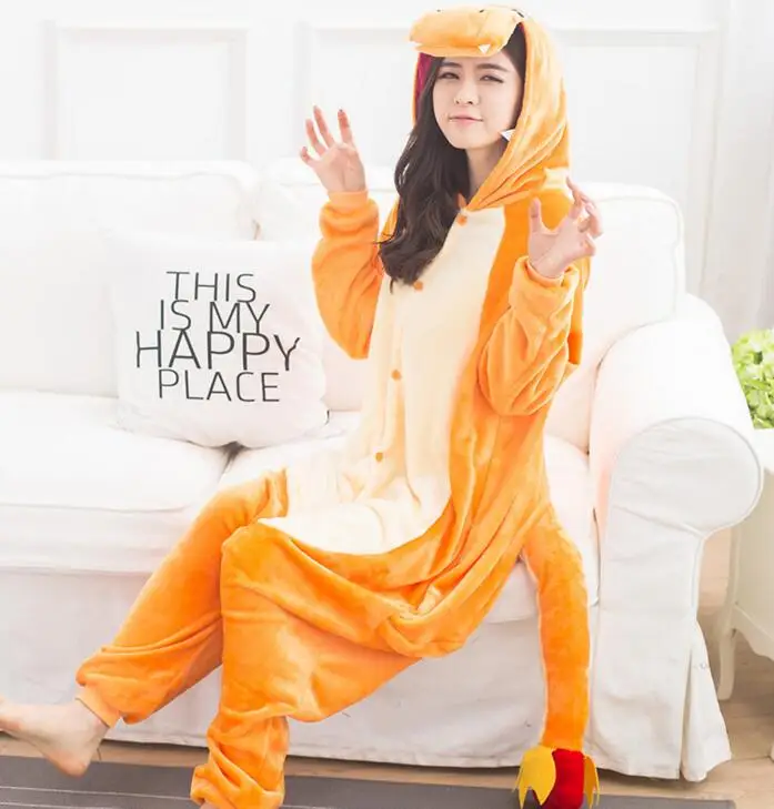 HKSNG Zvierat Dospelých Charmander Dragon Onesie Kigurumi Flanelové Pyžamo Cartoon Kostým Kombinézach Pyžamá