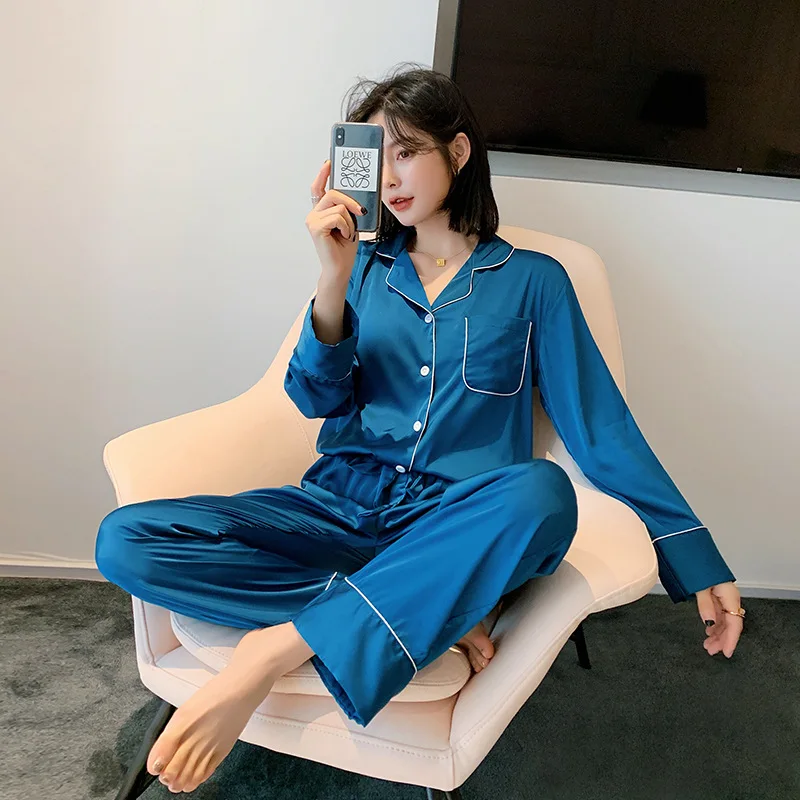 Hodvábny Satén Sexy Pyžamo Sady Pre Ženy Európskej Luxusné Dlhý Rukáv Pyžamá Sleepwear Nadrozmerná 2 Ks Pijama S Bag