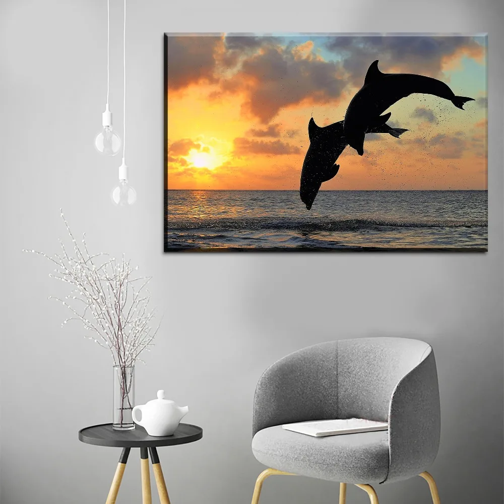 Home Decor Plátno, Vytlačí Obrázky Rámec 3 Ks Dolphin Horizont Oceánu Mora, Západ Slnka, Maľby Zvierat, Plagát Steny V Obývacej Izbe Umenie