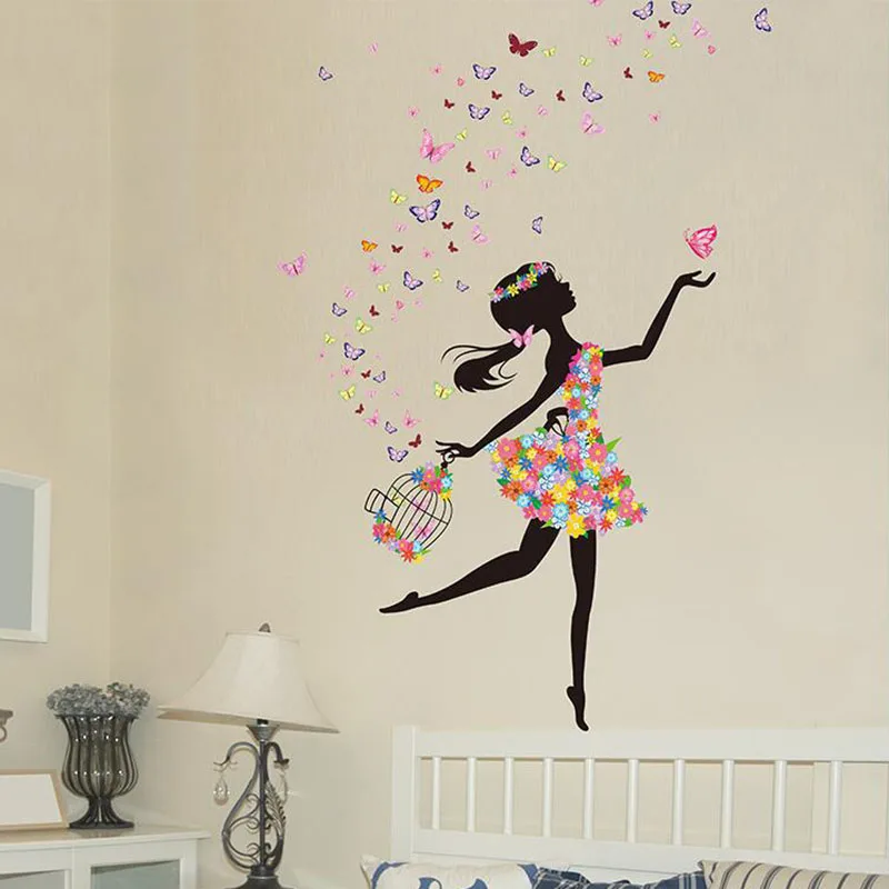 Home Decor Stenu Romantická Kvetinová Víla, motýľ Samolepky na Stenu Pre Obývacej Izby, Spálne, PVC Odnímateľné Steny Papiere nástenná maľba