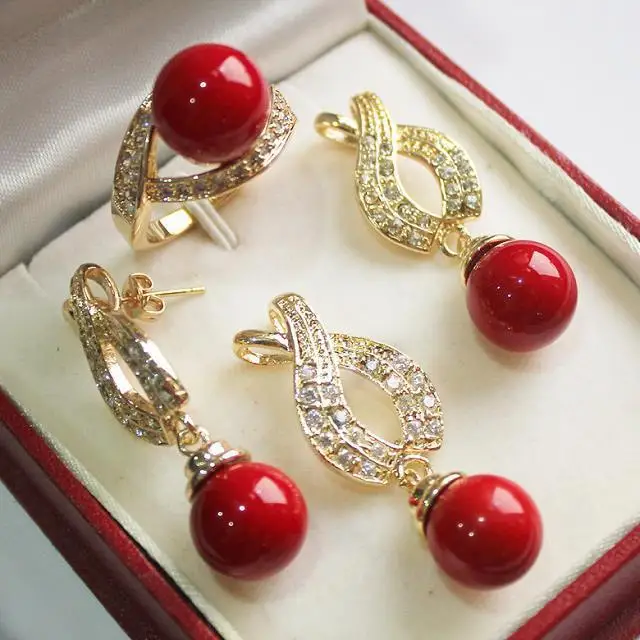 Horúce! perfektný zápas krásne šperky 18KGP + 12 mm farbou červená shell perlou prívesok, náušnice, , prsteň