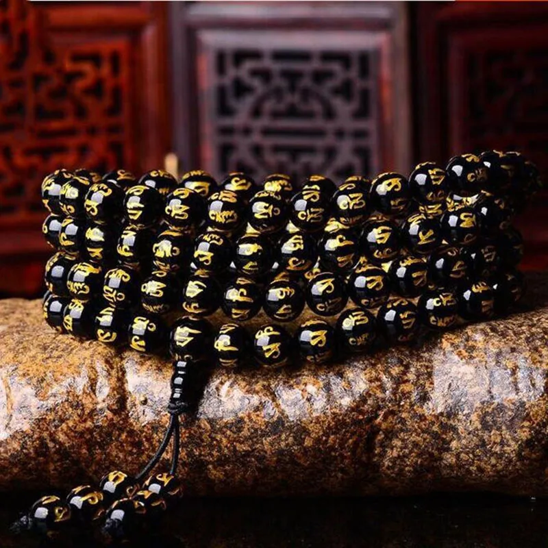 Hot-predaj prírodných Obsidian 108 Buddha korálky náramok módny butik šperky 8mm bronzing pearls šesť znakov real-slovo Brač