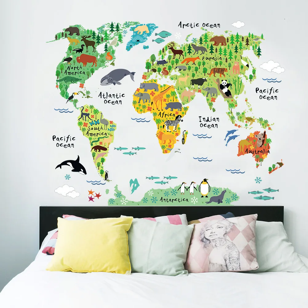 HOT Veľká Zelená Zvierat Distribučné Mapy Sveta Stenu, Nálepky Pre Spálne, Obývacia Izba Mš Dekoratívne Nástenné Vložiť