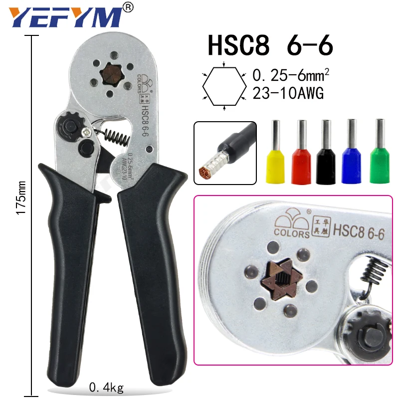 HSC8 6-6/6-4B kliešte kliešte 0.25-6mm2 23-10AWG pre rúrku koncové značky mini typ kolo nos európskej plier nástroje
