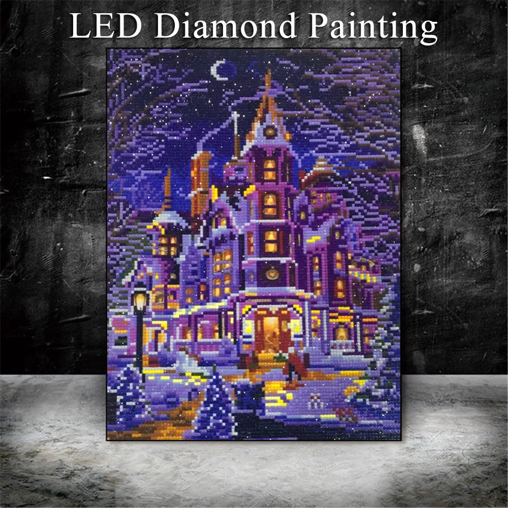 HUACAN 5D LED Svetlo Diamond Maľovanie Zimná Krajina Diamond Výšivky Predaj Plné Kolo Vŕtačky Diamantové Mozaiky 30x40cm S Rámom
