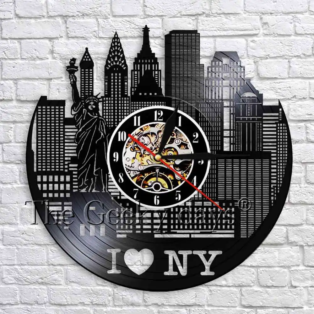 I Love NY Panoráma Nástenné Hodiny Moderný Dizajn New York Obzor Vinyl Hodiny Kreatívne Steny Výzdoba Pre Obývacia Izba, Spálňa