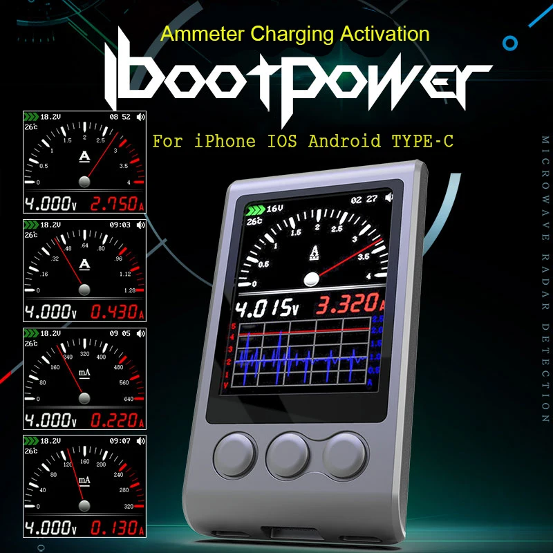 Ibootpower 4A-320mA napájací kábel Pre iPhone Android TYP-C Digitálne ammeter Plnenie Aktiváciu Power Kit iBoot Box