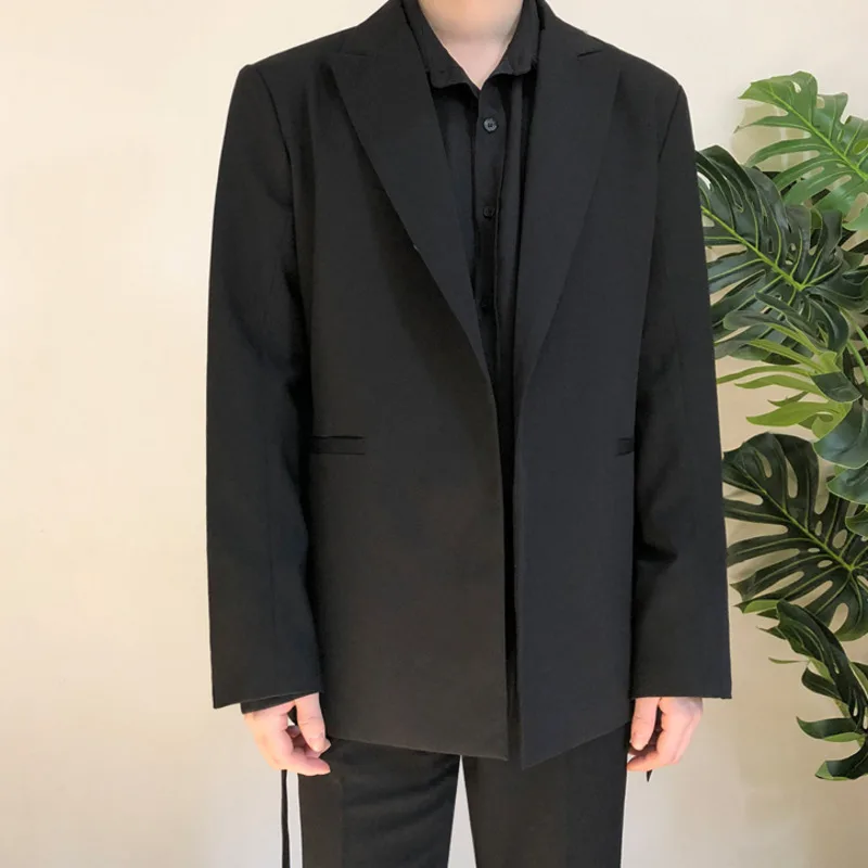 IEFB /pánskeho oblečenia 2021 jar bežné čierny Oblek Voľné Kabát Self-pestovanie Trend Pekný Malý plášťov s pásom dizajn 9Y90001