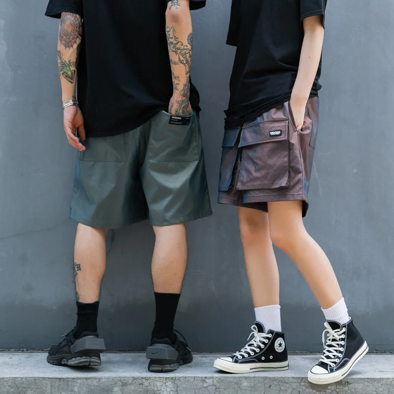IEFB /pánskeho oblečenia farebné reflexné náradie šortky streetwear módy voľné bežné pár kolená dĺžka nohavice pre mužov a famle