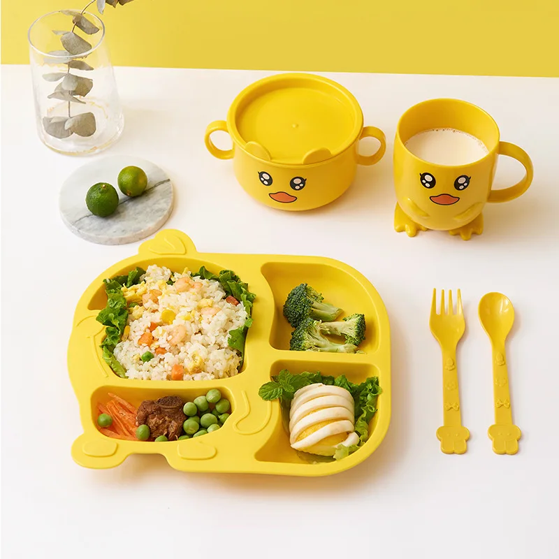 Imebaby detí riad päť-kus dieťa kŕmenie doska set roztomilé malé žlté kačice vidlička, lyžica ryže lyžice dieťa darček