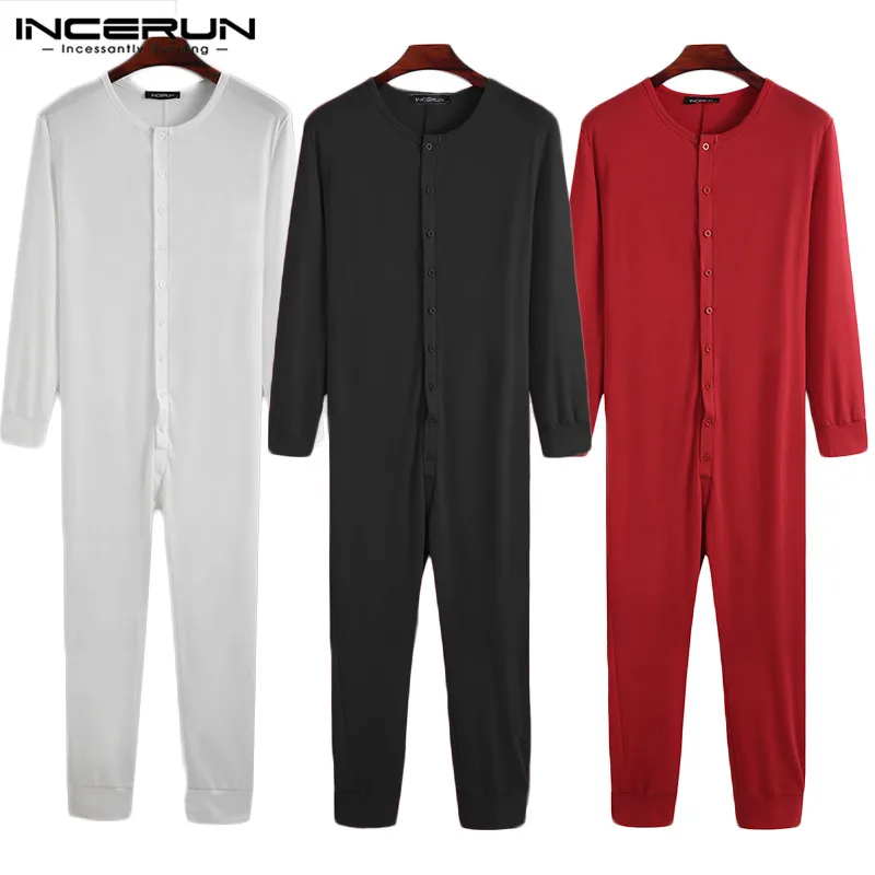 INCERUN Farbou Mužov Pyžamo Jumpsuit 2021 Pohodlné Dlhý Rukáv Fitness Tlačidlo Sleepwear Voľný čas Mens Remienky oblečenie pre voľný čas 5XL