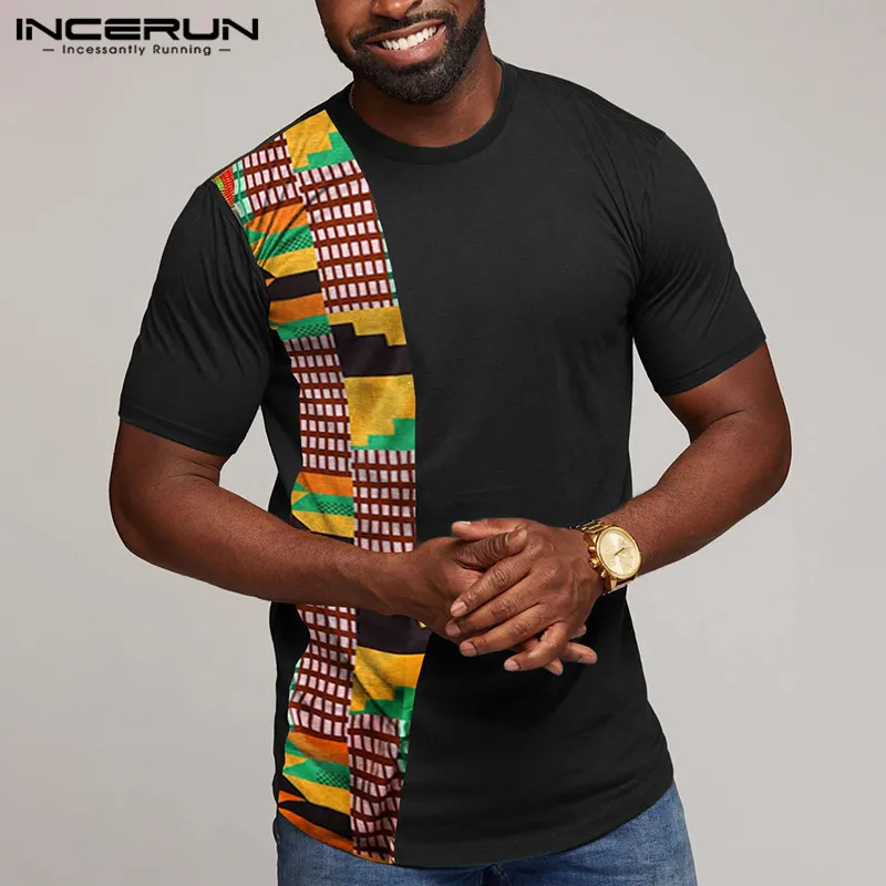 INCERUN Módne Mužov Afriky Tričko okolo Krku Tlač Patchwork 2021 Krátky Rukáv Dashiki Tee Košele Lete Bežné Mens T-shirts