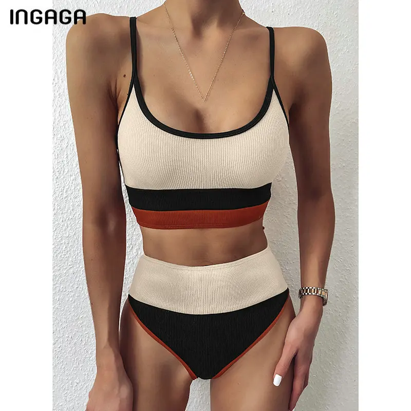INGAGA Vysoký Pás Plavky Bikiny Žien Push Up Plavky s Rebrovaný Spojov Bikini Set plavky Ženy 2021 Biquini Plávať Oblek