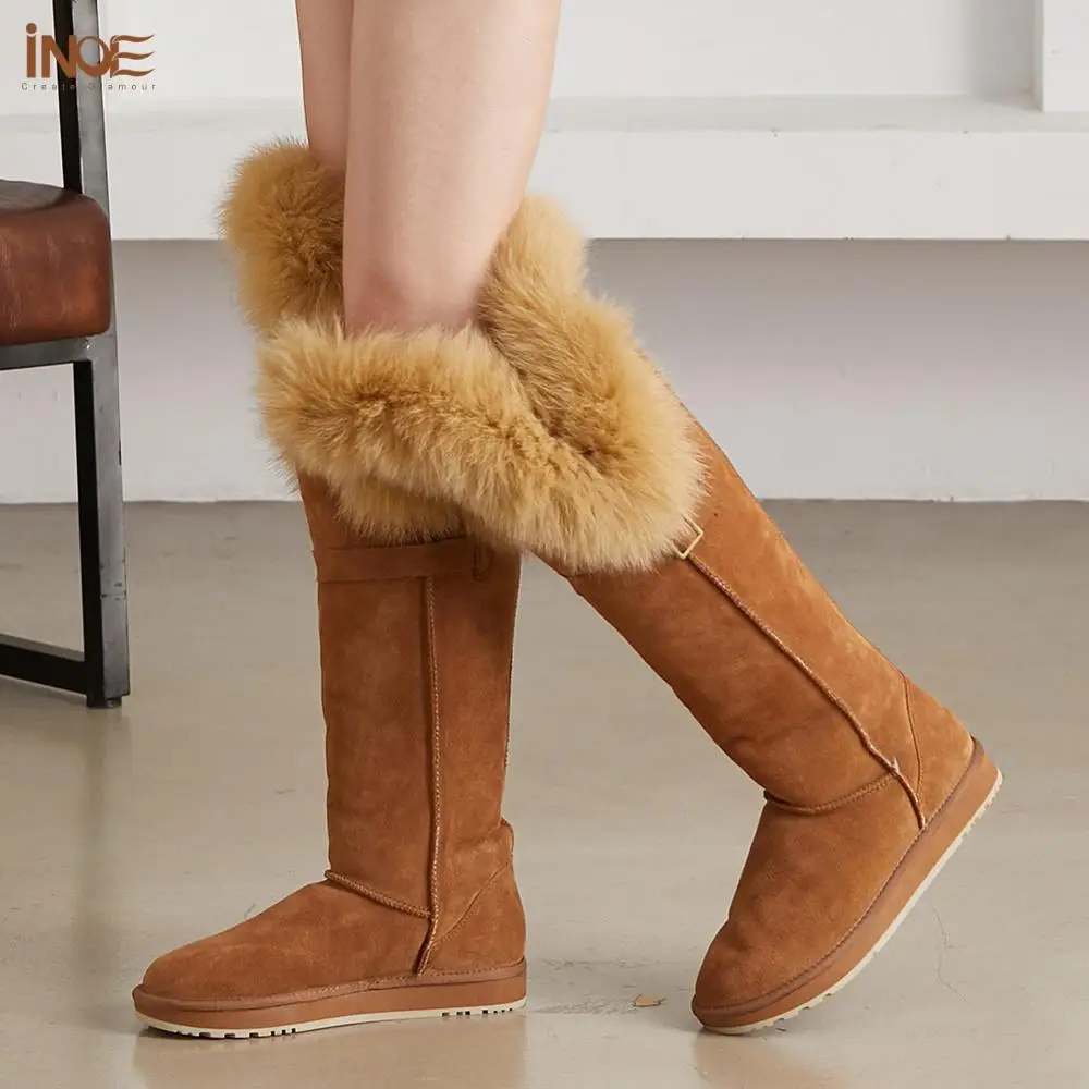 INOE módne krava semiš kožené reálne fox kožušiny topánky s prackou nad kolená dlhé zimné žaloval snehu topánky pre ženy zimné topánky