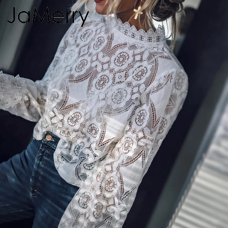 JaMerry Vintage sexy biele čipky duté sa ženy, blúzky, košele Výšivky svietidla rukáv, blúzky, Letné transparentný top žena