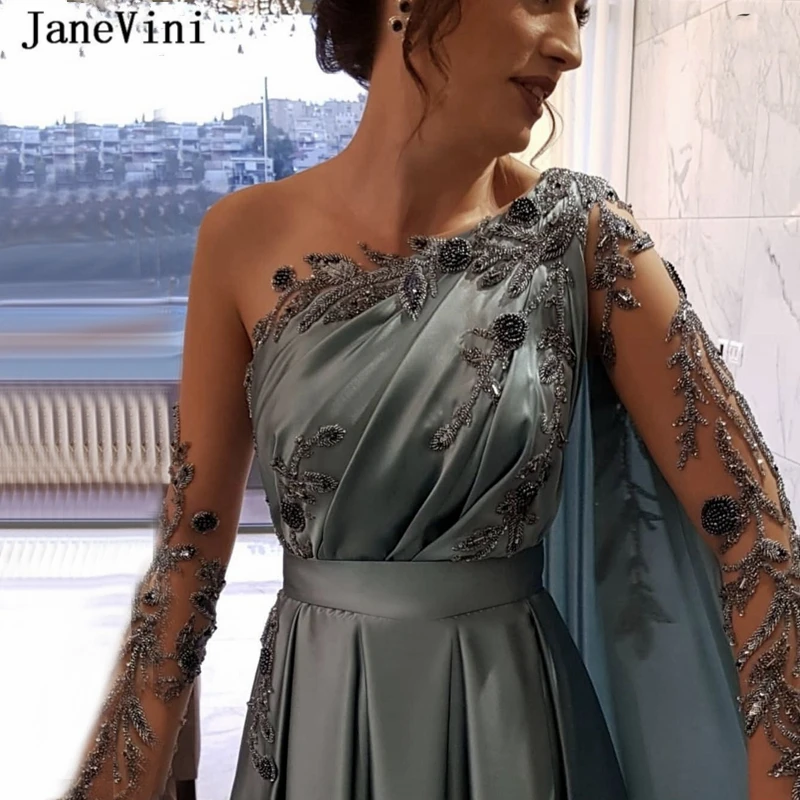 JaneVini Luxusné Saténové Moslimských Večerné Šaty s Dlhými Rukávmi 2020 Úplnej Krku Lištovanie Riadok Plus Veľkosť arabské Ženy Večera Šaty