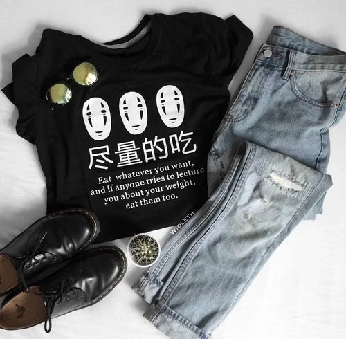 Japonské Anime Jesť, Čo Chcete, Vtipné Výroky T-Shirt Ženy Harajuku Módne Roztomilej Príležitostné Čierny Čaj estetické tumblr topy