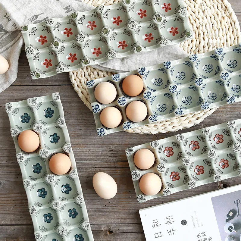 Japonský 12 Mriežky Kuchyňa Domácnosti Úložný Box Glazúra Farebné Keramické Oddelenie Vajcia Zásobník Obdĺžnikový Vaječné Jedlo