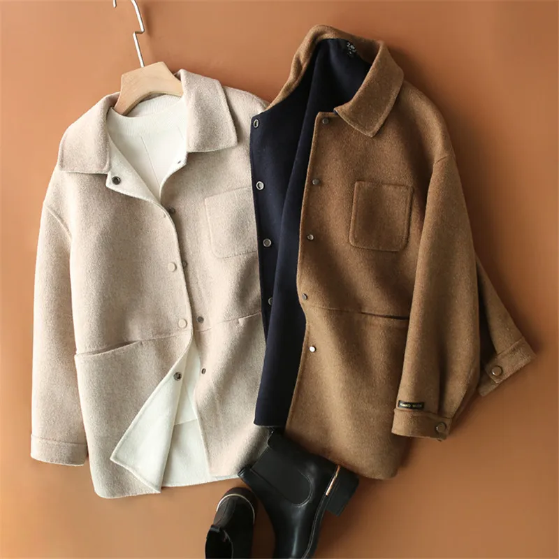 Japonský Štýl Ručné Temperament Farbou Klope Single-Breasted Voľné Vlnené Kabát Ženy, Nový Vlnené Oblečenie pre Ženy B087
