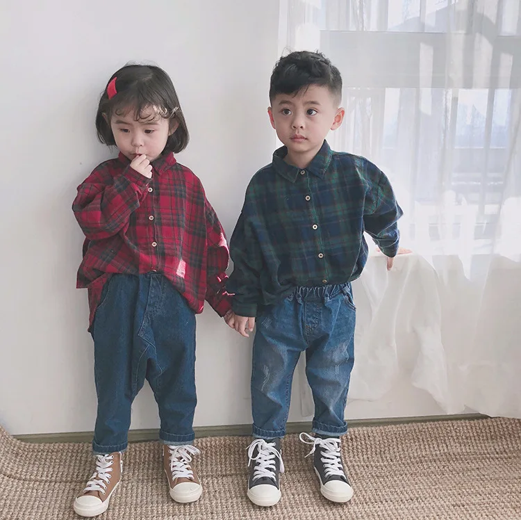 Jar Detí Kockovaná Košeľa kórejský Doska Voľné Kockovaná Košeľa pre Chlapcov a Dievčatá