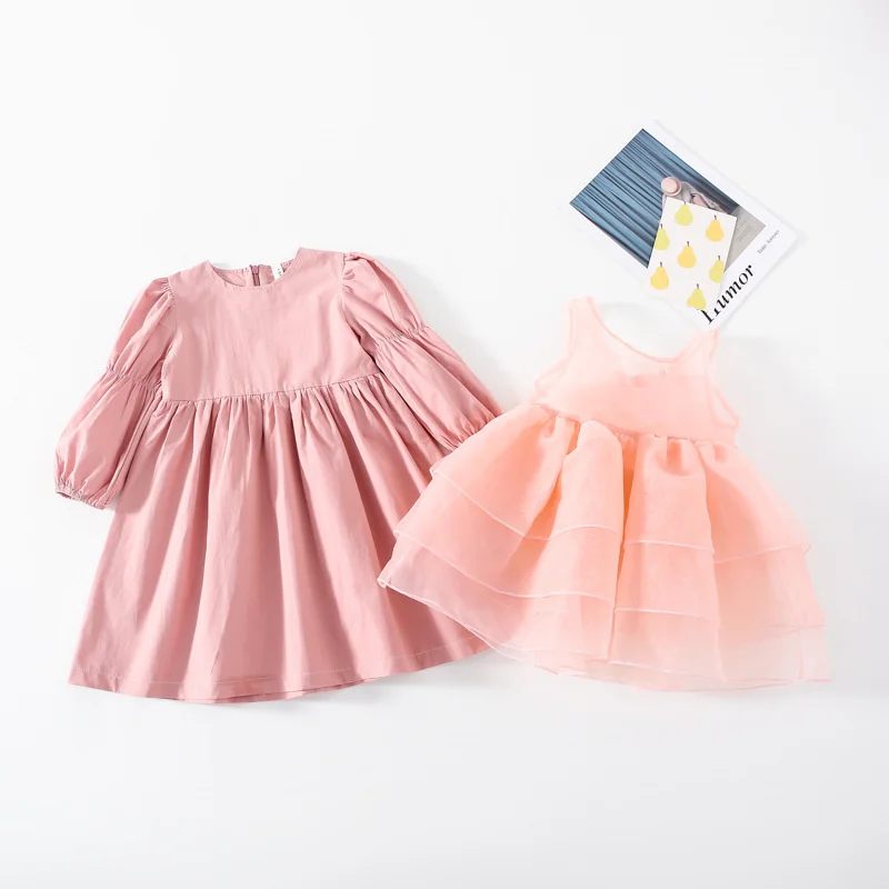 Jar kórejský štýl Malá Princezná Vrstvený Šaty 2 ks súpravy, Baby, Dievčatá Módne Roztomilý Dlhý Rukáv Narodeninovej Party Šaty
