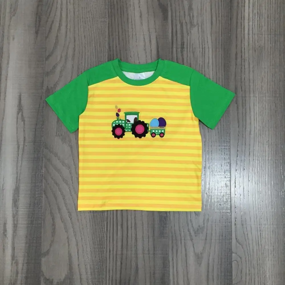 Jar Leto Chlapci Veľkonočné Traktor Vajcia Vyšívané Yellow Stripe T shirt
