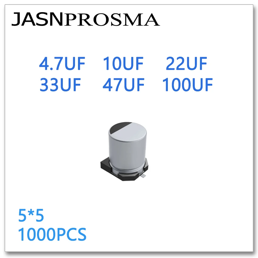 JASNPROSMA 1000PCS 5*5 4.7 UF 10UF 22UF 33UF 47UF 100UF 4V 10V 16V 25V 35V 50 SMD 5x5 Hliníkové elektrolytické kondenzátory