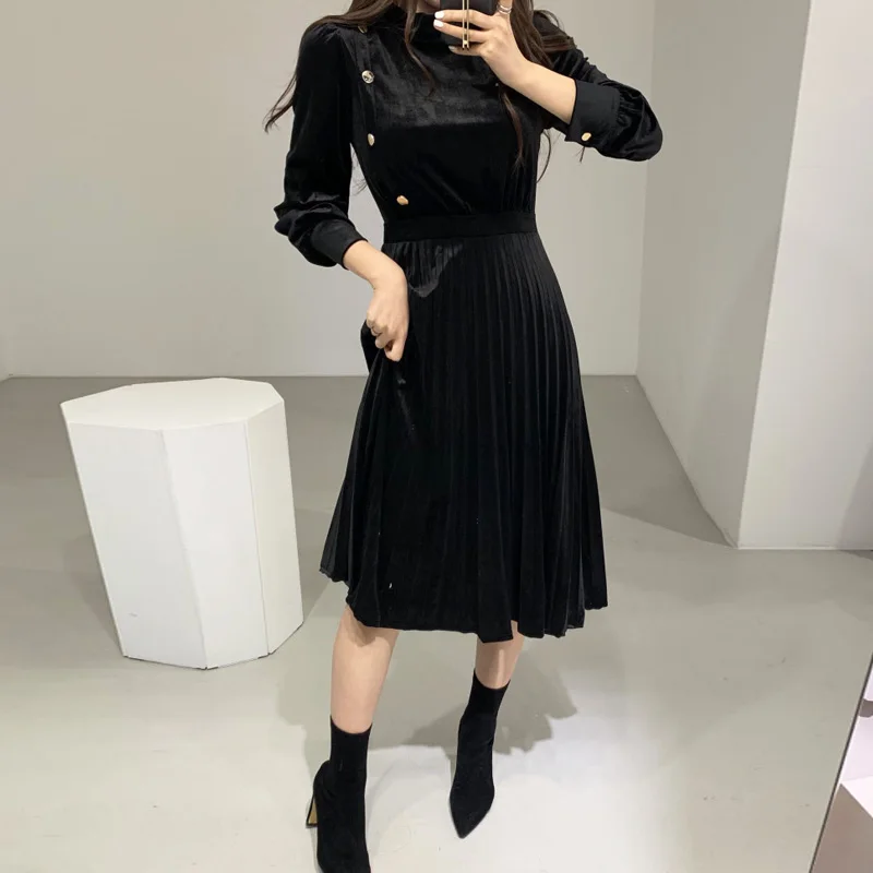 Jeden Kus Retro Midi Šaty Žien Nové Jeseň Kórejský Slim Velvet Skladaný Šaty Žena Zimu, Elegantný Tlačidlá Tenký Sveter Šaty 2020