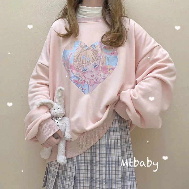 Jesenné a zimné mikina ženy tenké časti Japonskej mäkké dievča, in college štýl lásky dievča tlač voľné ružová študent tričko