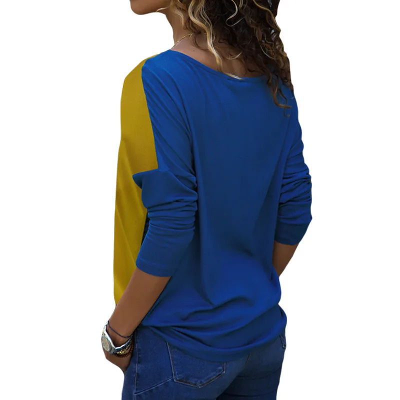 Jeseň 2020 Ženy Dlhý Rukáv T-Shirt Módne Patchwork Farebný Blok Tričko Bavlna Príležitostné Voľné Topy Voľný Čas Dámy Office T-Shirt
