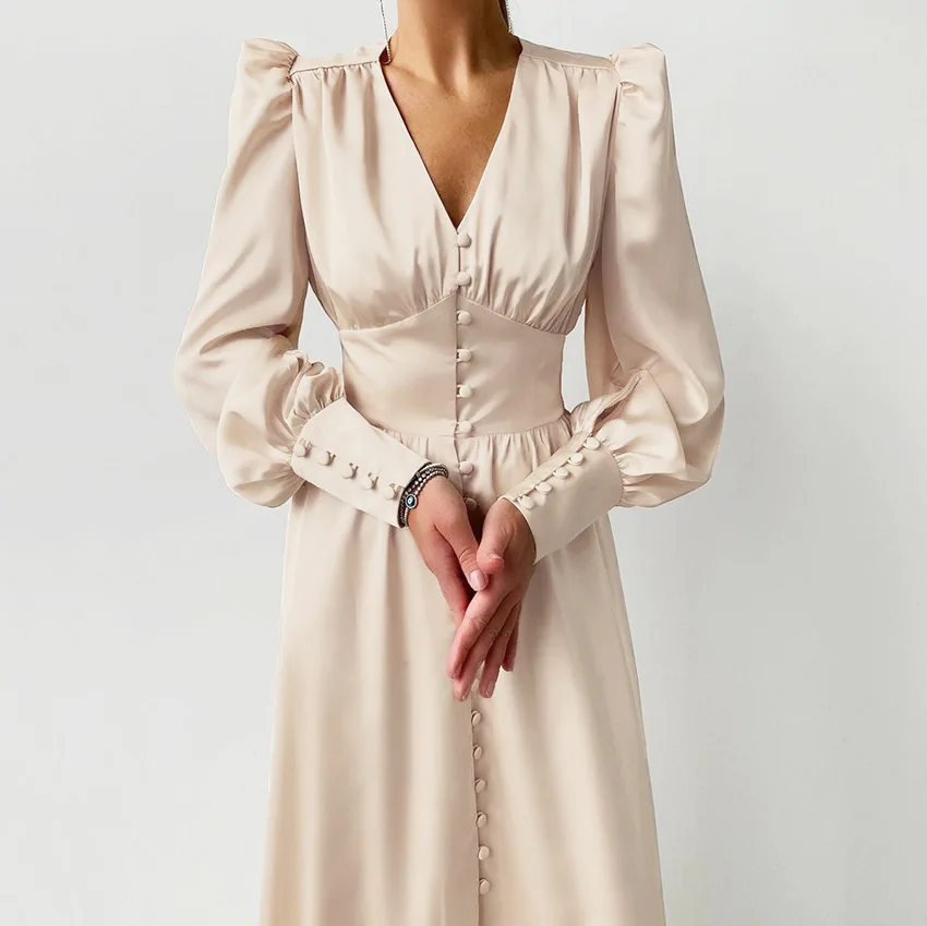 Jeseň Dlhý Rukáv Šaty Žien Pure Color Tlačidlo Módy Bežné Strany Prom Slim Večer Maxi Šaty Pre Ženy 2021 Elegantné