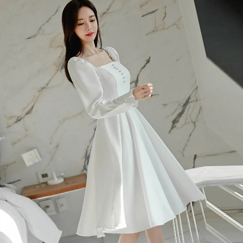 Jeseň jar fashion square golier čerstvé biele formálne šaty temperamentného vysoko kvalitné dlhé rukávy roztomilý elegantné a-line šaty
