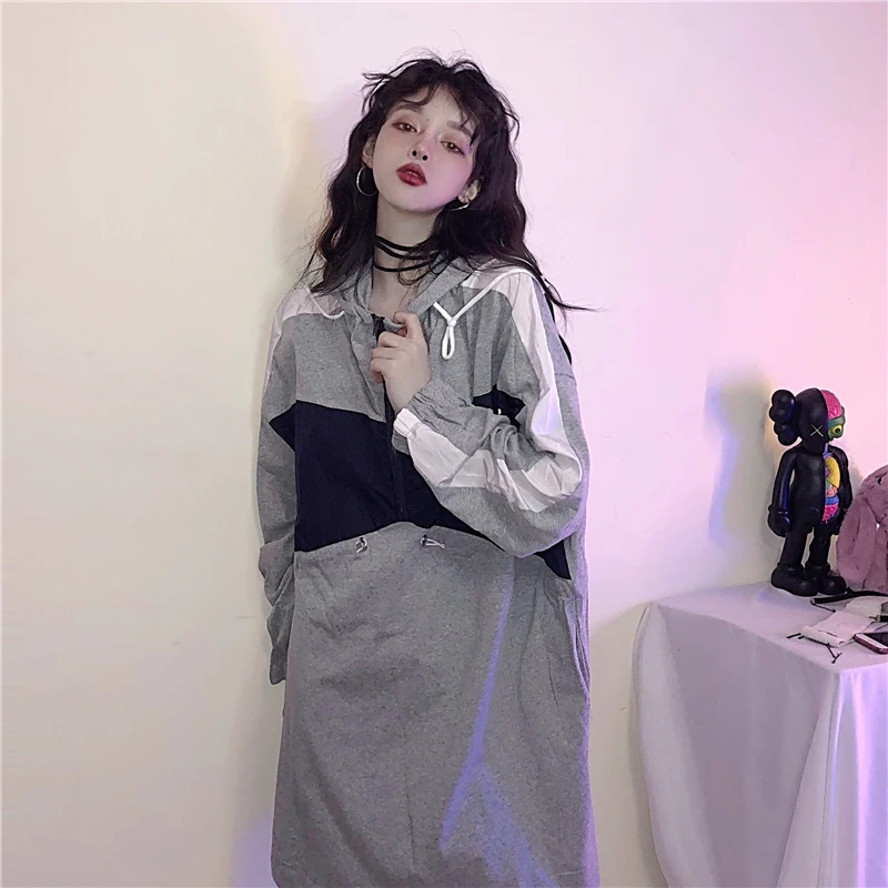 Jeseň Kórea módne Oblečenie pre Ženy obložené Harajuku list tlač nadrozmerná pás dlhý rukáv zips s Kapucňou Mikiny šaty