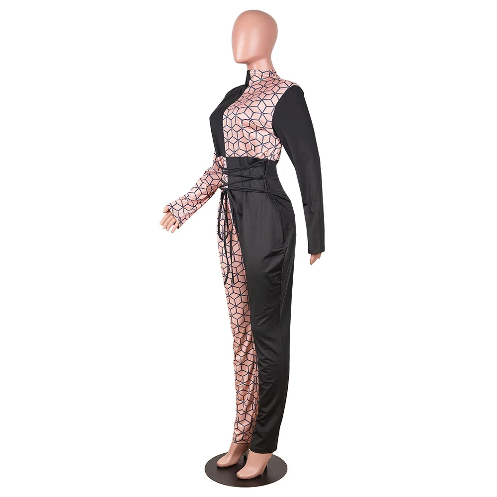 Jeseň nové módne patchwork vytlačené nočný klub Jumpsuit slim o-krk dlhý rukáv dámske tričko nohavice