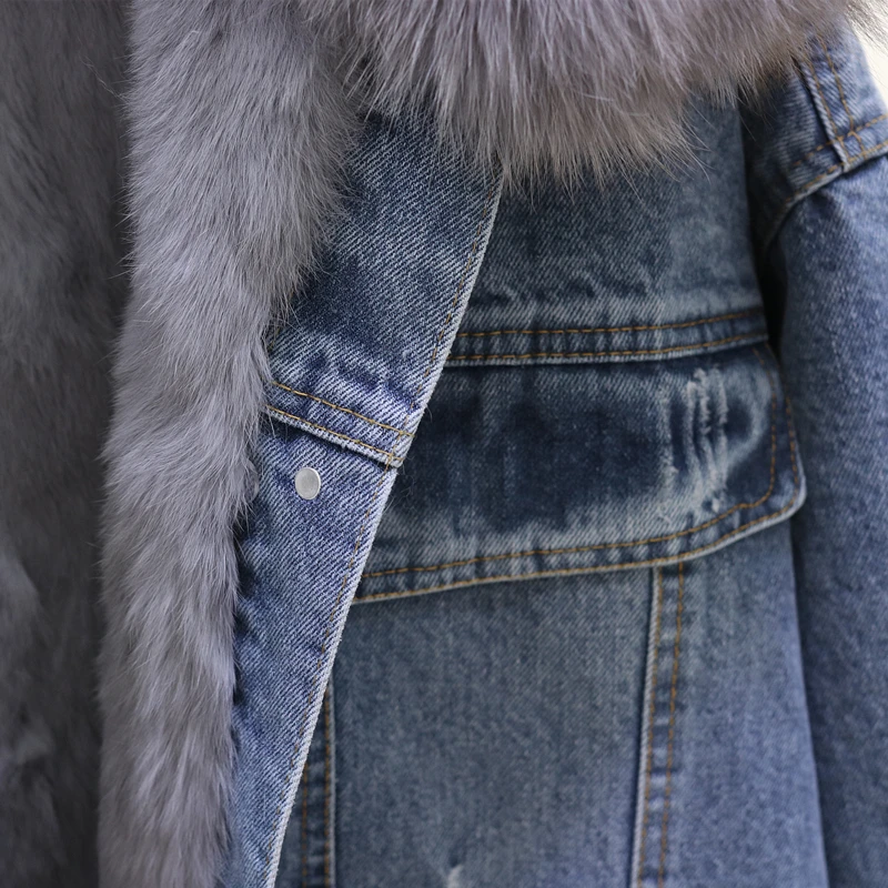 Jeseň Zima Denim Jacket Ženy Králik Vlna Líniové Jeans Bundy Fox Kožušiny Golier Outwear Vintage Plus veľkosť Hrubé Teplé Dámy Kabát