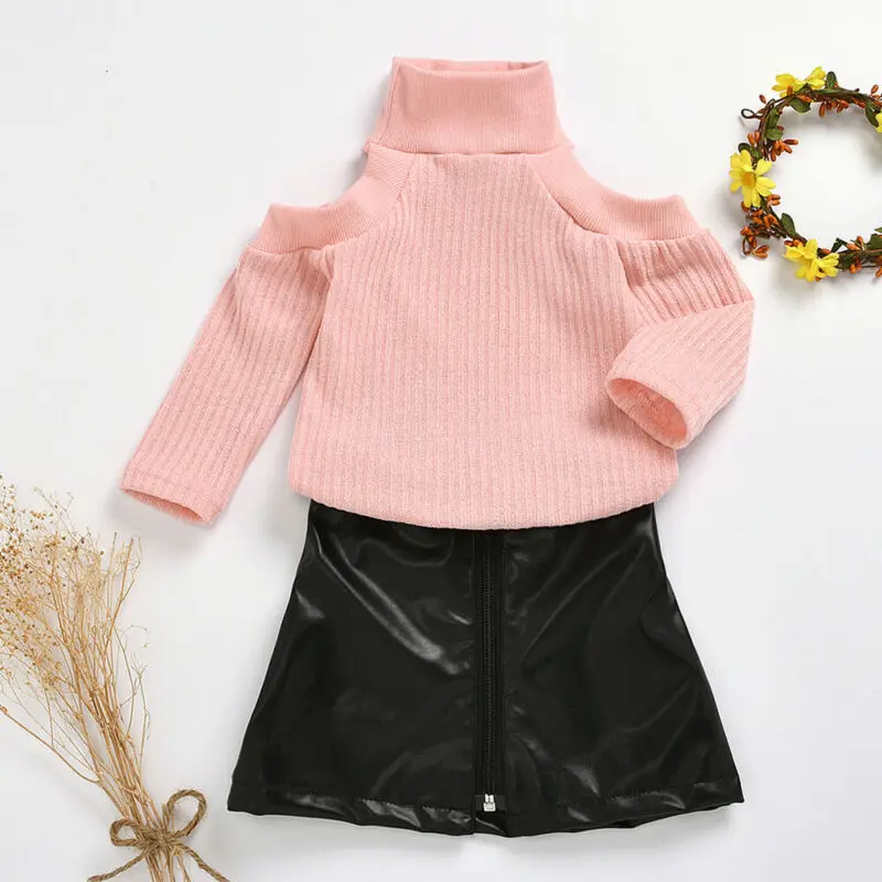 Jeseň Zima Deti, Baby, Dievčatá Oblečenie Sady Streetwear 2ks Shoulderless Turtleneck Svetre+Mini PU Sukne Módne Dievča Sady 1-5Y