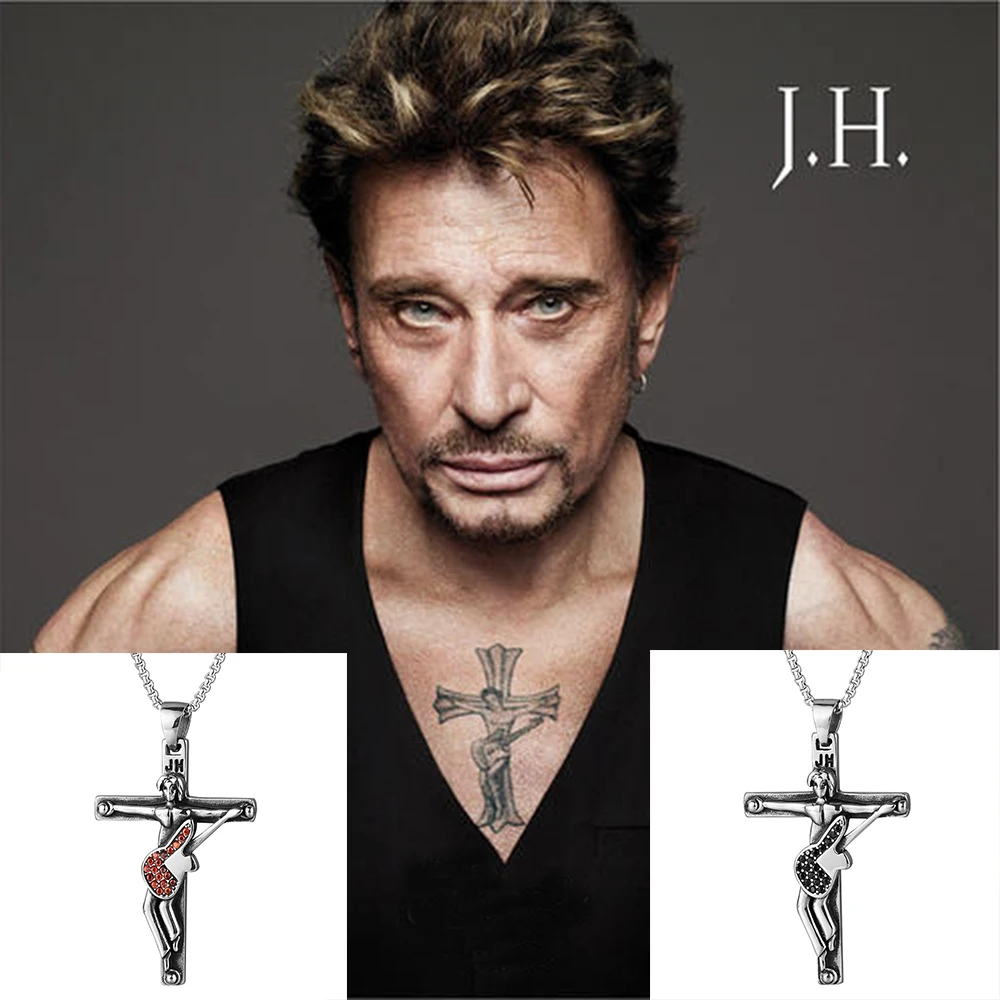 Johnny Hallyday gitara kríž z nerezovej ocele s príveskom, špeciálne pre francúzsky rocker fanúšikov medailón charms Kresťanský Kríž Náhrdelník