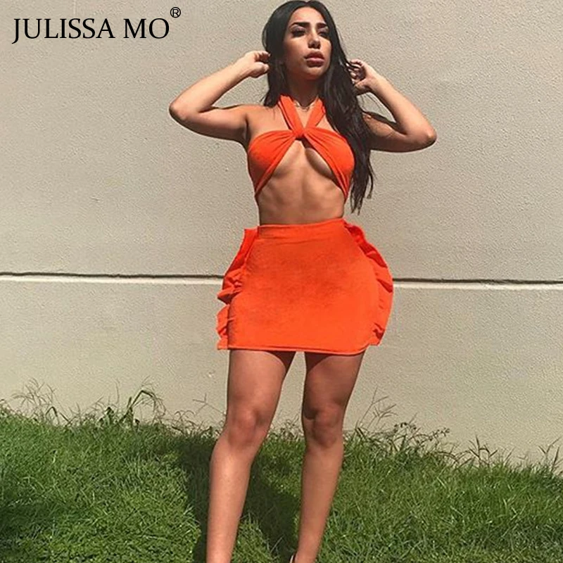 JULISSA MO Neon Sexy plavky s uväzovaním za Letné Šaty Ženy Dve Dielna Sada Backless Bodycon Mini Šaty Elegantné Volániky Party Šaty Vestidos