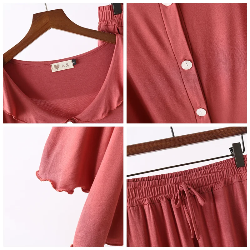 JÚL JE PIESEŇ Ženy Modálne Pyžamo Nastaviť Mäkké Lotus Leaf Klope Cardigan Farbou Sleepwear Dvoch-dielny Jeseň Bežné oblečenie pre voľný čas