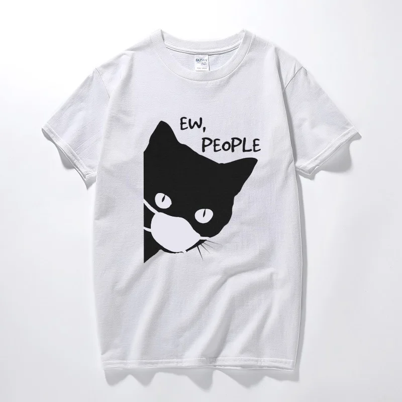 Karantény Sociálne Dištancovanie sa Black Cat Ew Ľudia Čelia-mask T-tričko Unisex Cosplay Funny T-Shirt Top Bavlna Krátky rukáv Tričko