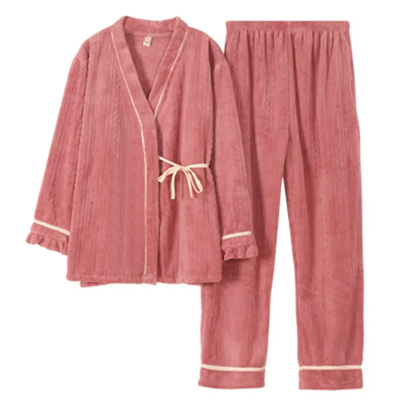 Kimono Flanelové Pyžamo Nastaviť Hrubé Zimné Pjama Ženy Teplé Sexy Farbou Sleepwear 2020 Nové Módne Voľné Veľká Veľkosť oblečenie pre voľný čas