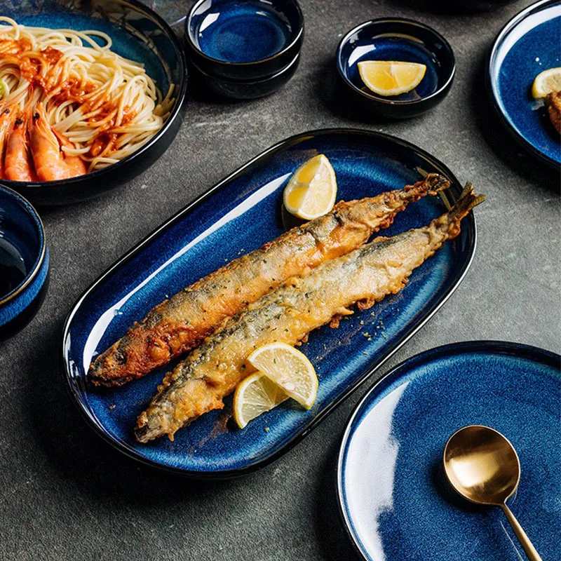 KINGLANG Pece Glazúrované Keramické Dosky Kolo Jedlo Večera Dosky Japonskom Štýle Star Modrá Farba Riad Dropshipping