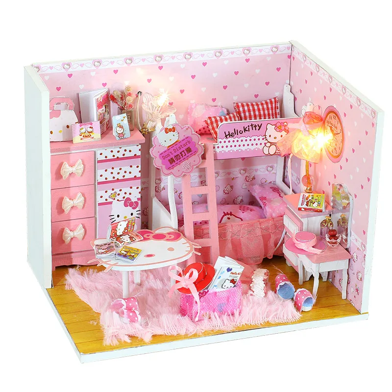 Kitty Princess Dom Ručné Remeslá Model Doll House Casa Miniatúrne Izby domček pre bábiky LED Dreveného Domu, Hračky Pre Deti Darček