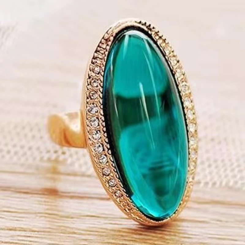 Klasické Veľké Oválne Zelený Modrý Kameň Prstene pre Ženy, Luxusné Zlatá Farba Crystal Snubné Prstene, Zásnubné Šperky Z5T497