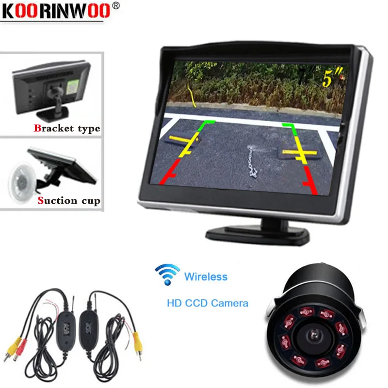 Koorinwoo Bezdrôtový 5 Palcový Auto TFT Farebný LCD Zadné View Monitor Fotoaparátu Digitálny Displej Podpora VCD DVD s 2 Video Vstupy