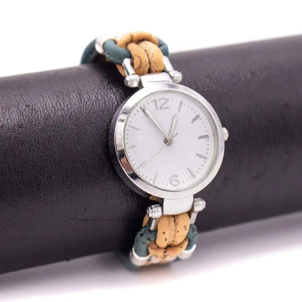Korok sledovať pomocou 3 MM prírodný korok kábel s Tyrkysovou korku kábel Ručné korku hodinky pre ženy, WA-153（NOVÉ）
