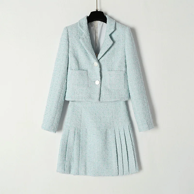 KPOP Seo Áno Ji nové módne sky blue krátke bundy kabát A-line Skladaná sukňa vyhovovali kórejský elegantné vysoko kvalitné ženy 2 dielna sada