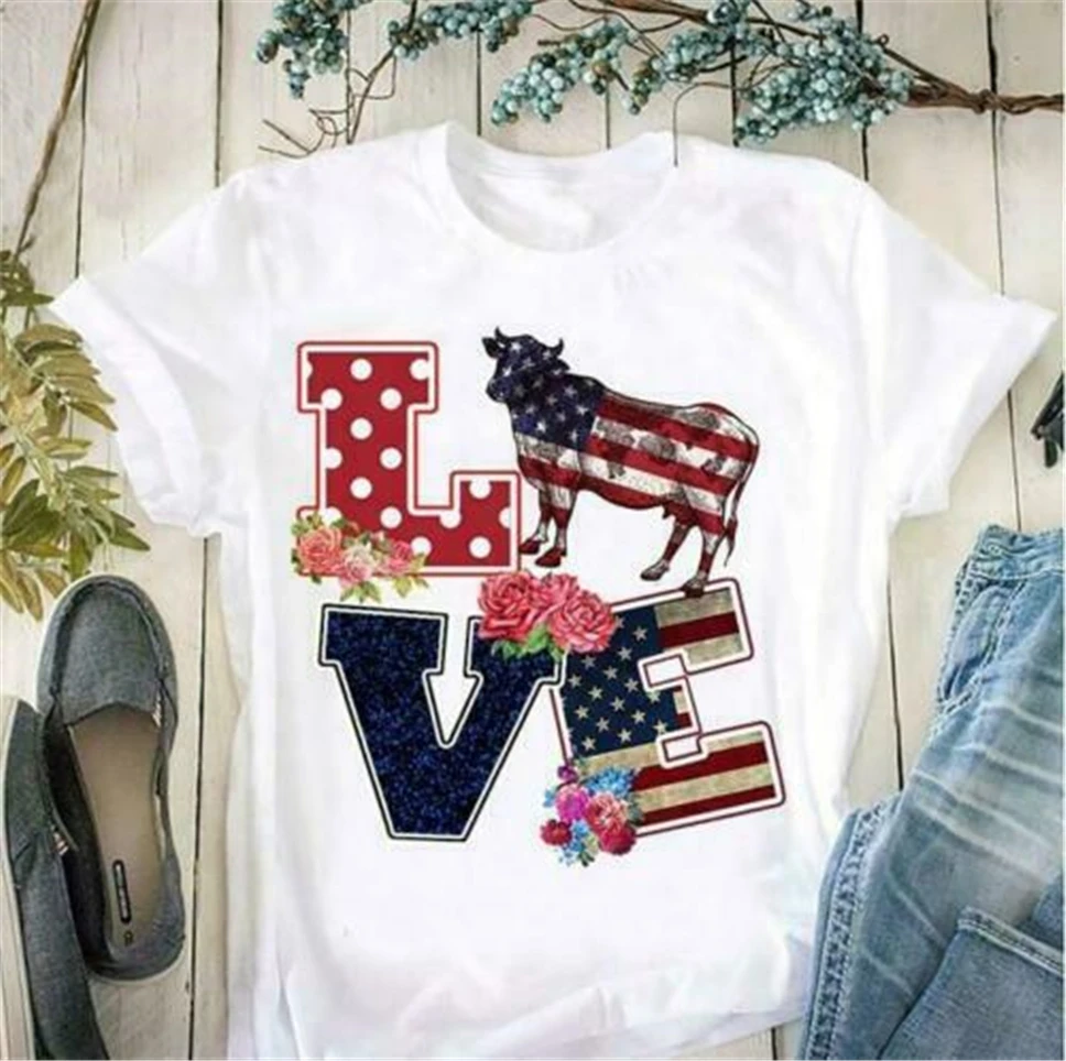 Krava Láska Kvetinový Nás Americkej Vlajky Dámy T-Shirt Bavlna S-3Xl Slim Fit Tee Tričko